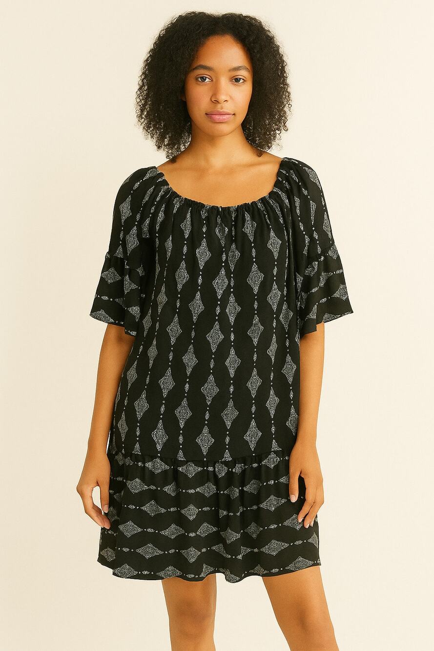 Bobeau Summer Chic Bohemian Print Dress, Ruffled Off-Shoulder Corpcore Size-S/M